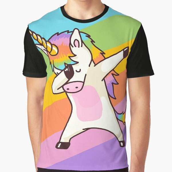 A graphic t-shirt featuring a dabbing unicorn wearing sunglasses and a hip hop-inspired design.