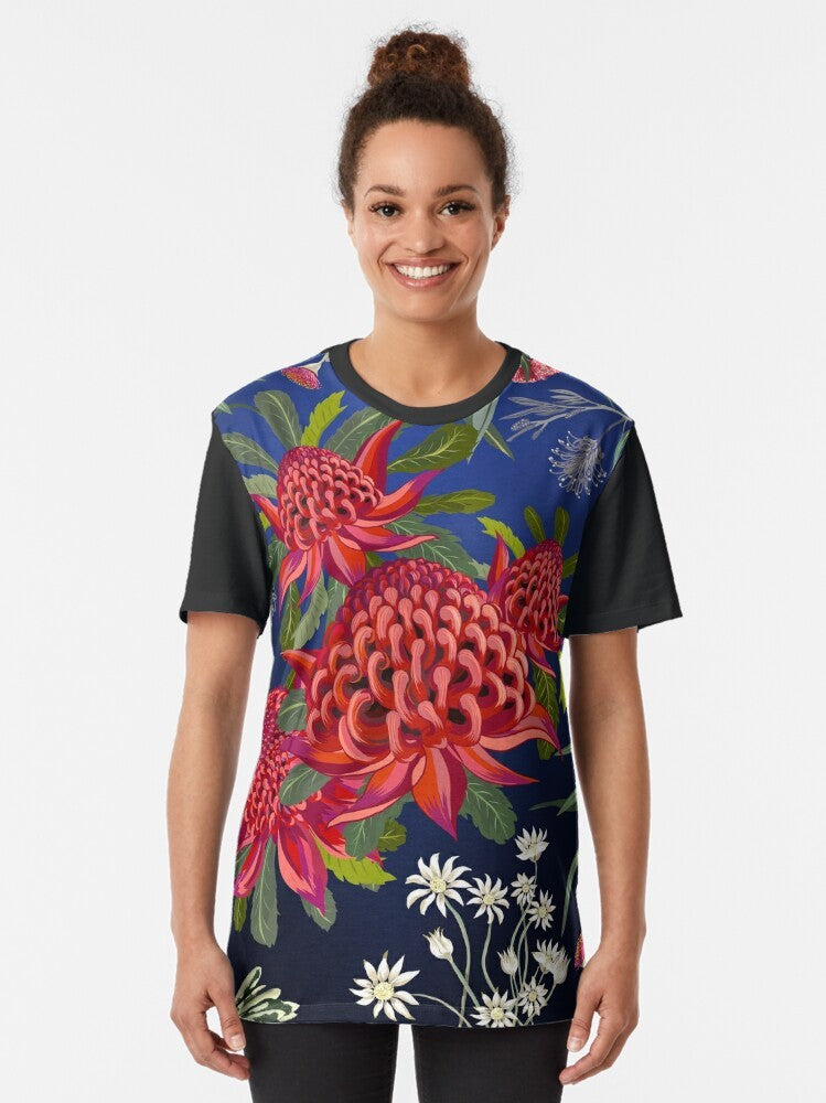 Australian native flowers, Waratah, blue and red contemporary floral art graphic on t-shirt - Women