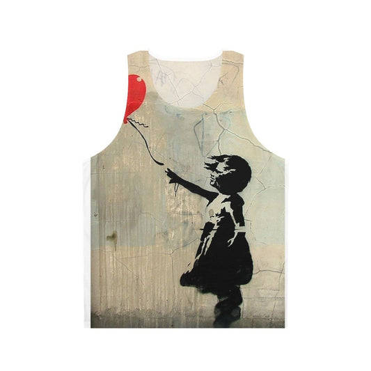 Banksy-inspired red tank top with heart balloon graphic