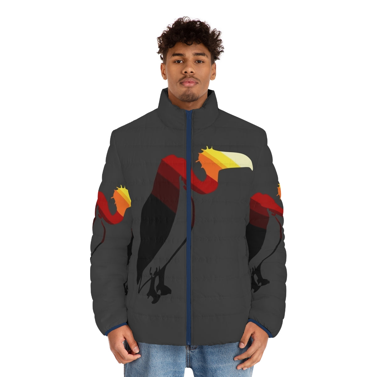 Vulture puffer jacket with colorful abstract art design - men front