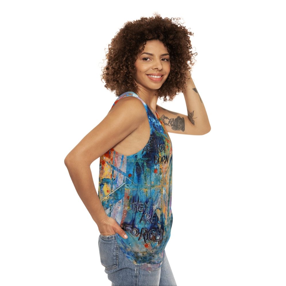 Unisex tank top with inspirational activist graphic - women side