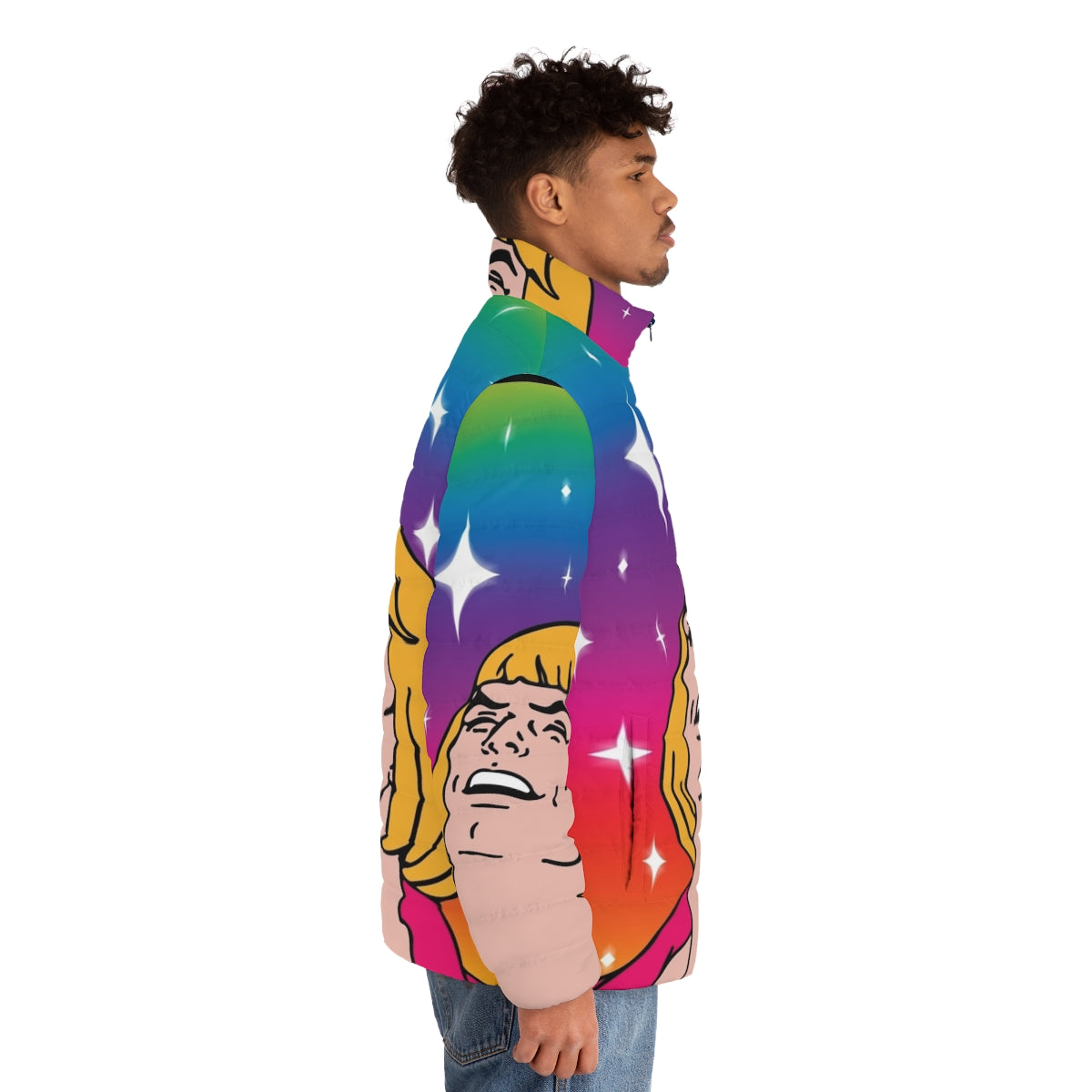 Retro "What's Going On?" He-Man inspired puffer jacket with colorful 80s design - men side right