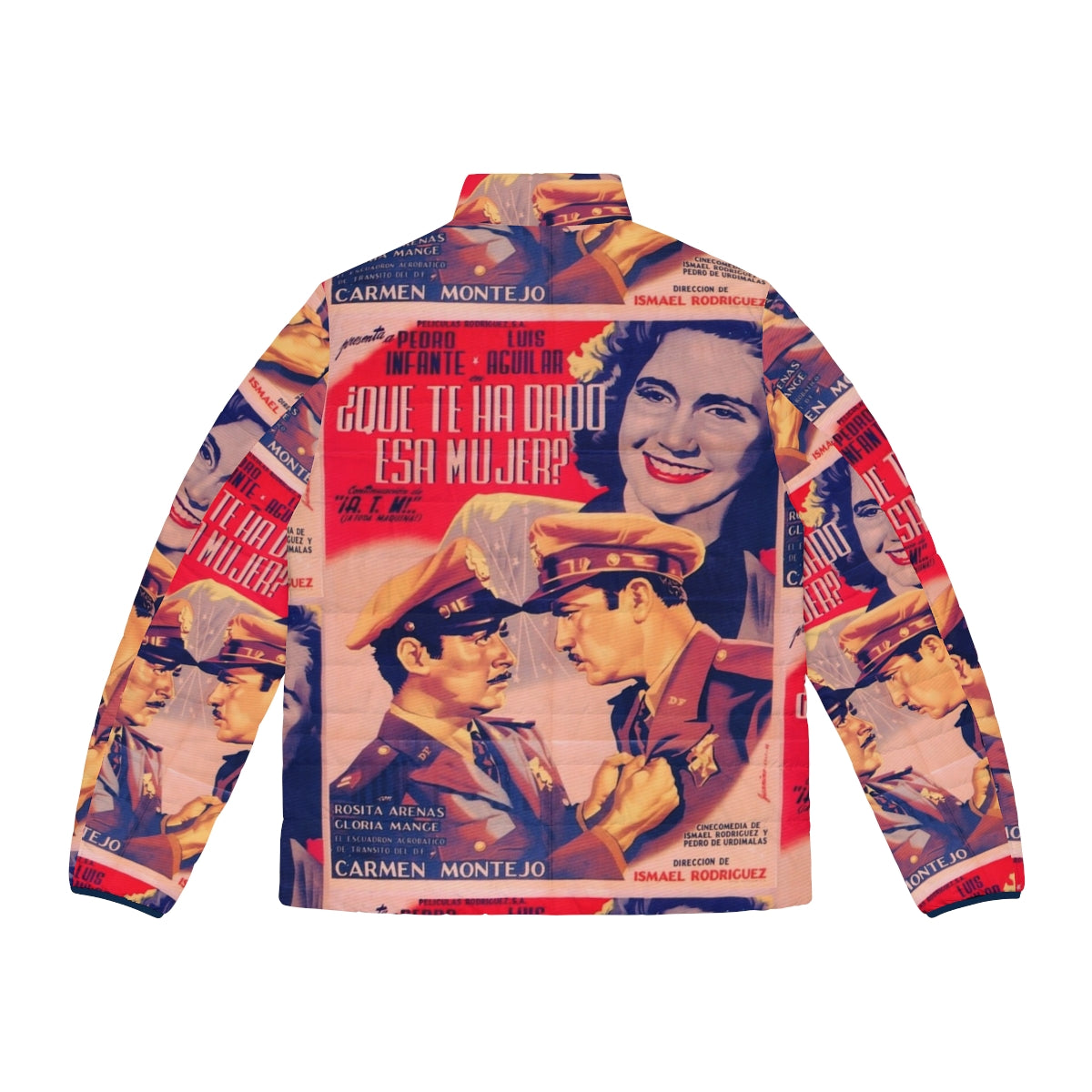 Vintage Mexican cinema icons puffer jacket featuring Pedro Infante, Pepe el Toro, and Luis Aguilar - Back