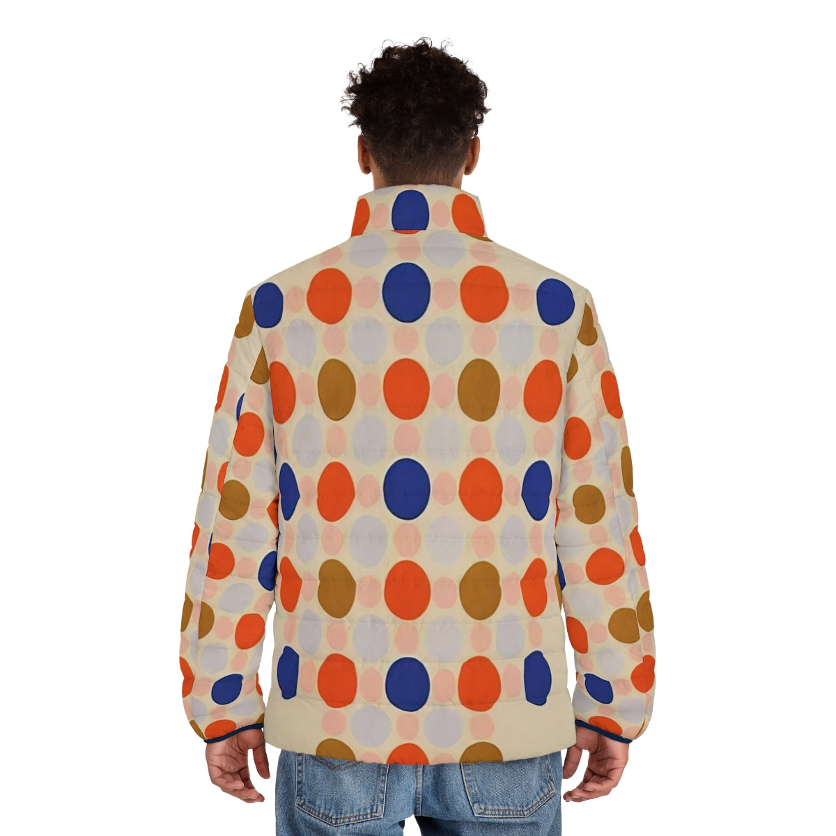 Thomas Downing inspired puffer jacket with vibrant colors and abstract patterns - men back