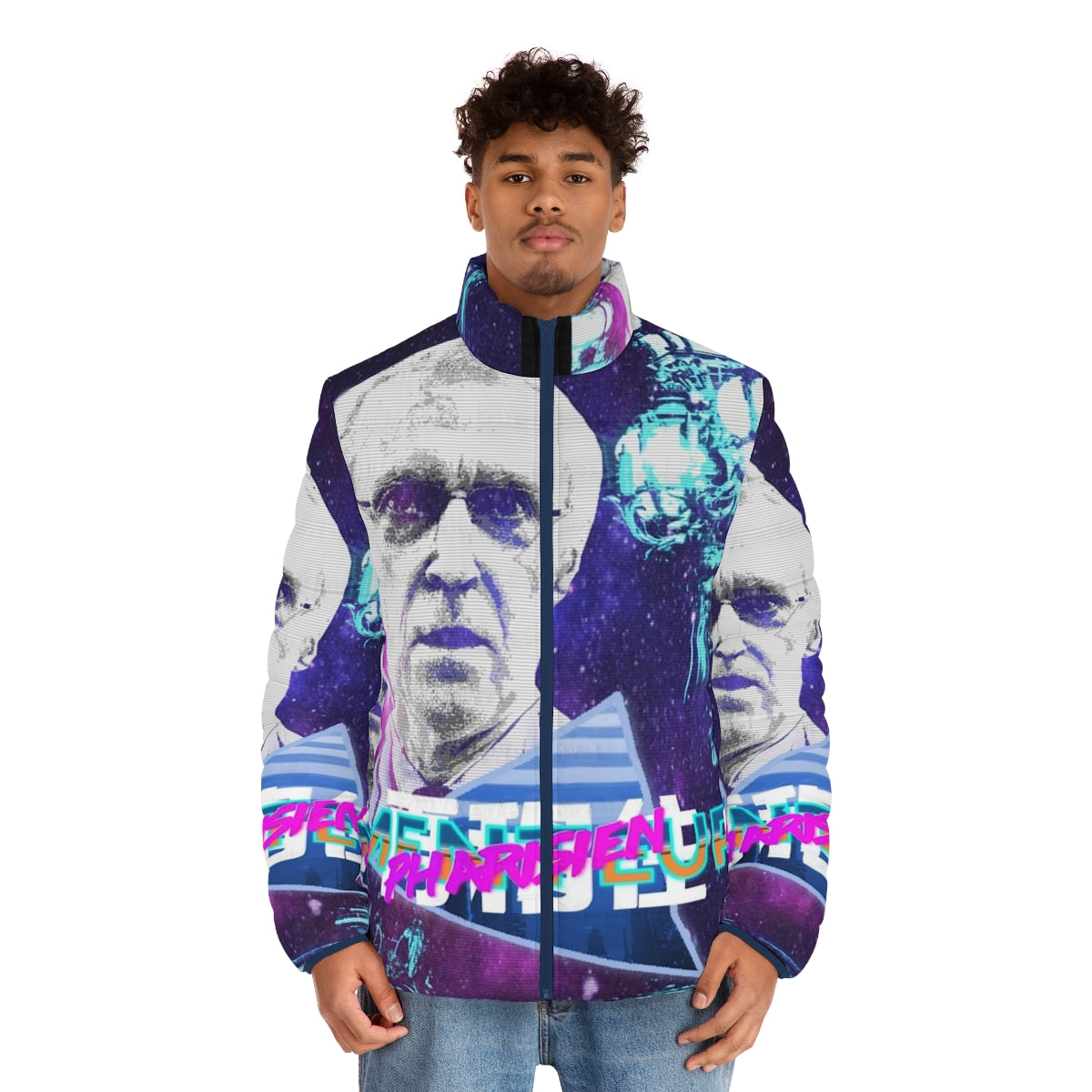 Vaporwave-inspired puffer jacket featuring the Henry De Lesquen design - men front