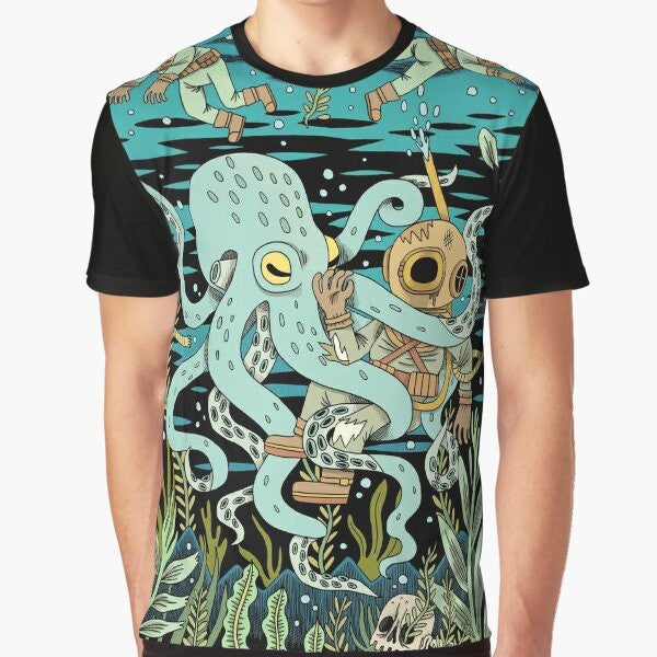 A vintage-inspired graphic t-shirt featuring a diver exploring the deep sea, surrounded by ocean life and underwater adventure.