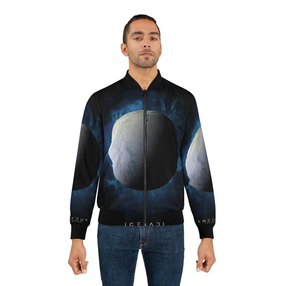 Enceladus space-themed bomber jacket with Saturn, moon, and cosmic elements - Lifestyle