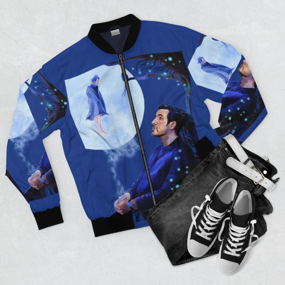 A bomber jacket featuring a magical moonlit night scene with a man, tree, owl, and other fantastical elements inspired by Claes Bang's portrayal of Dracula. - Flat lay