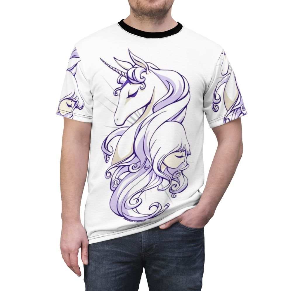 Magical fantasy unicorn artwork on a high-quality t-shirt, inspired by the beloved film The Last Unicorn. - men front