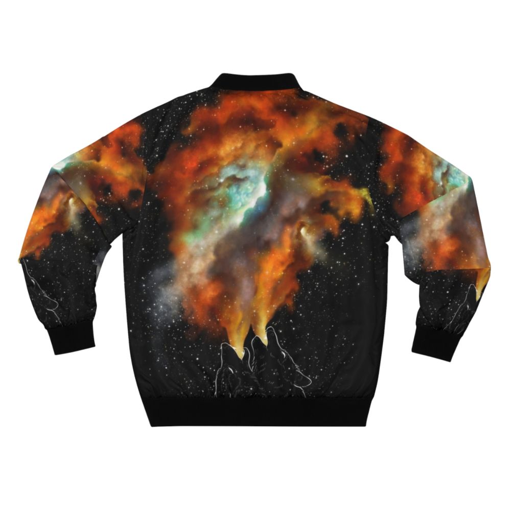 Wolves and Stars Bomber Jacket featuring a galaxy-inspired design with howling wolves and twinkling stars. - Back