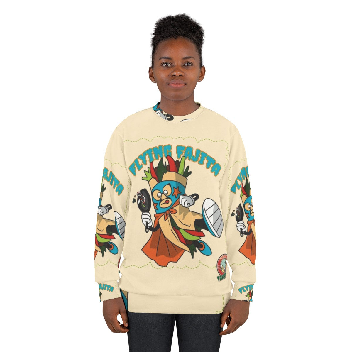 Mexican wrestling sweatshirt with tortilla takedown design - women