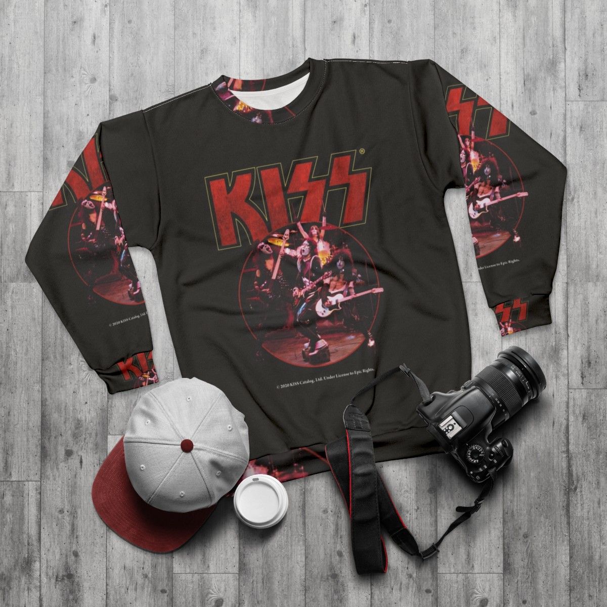 Kiss Band Sweatshirt with Band Members and Logo - flat lay