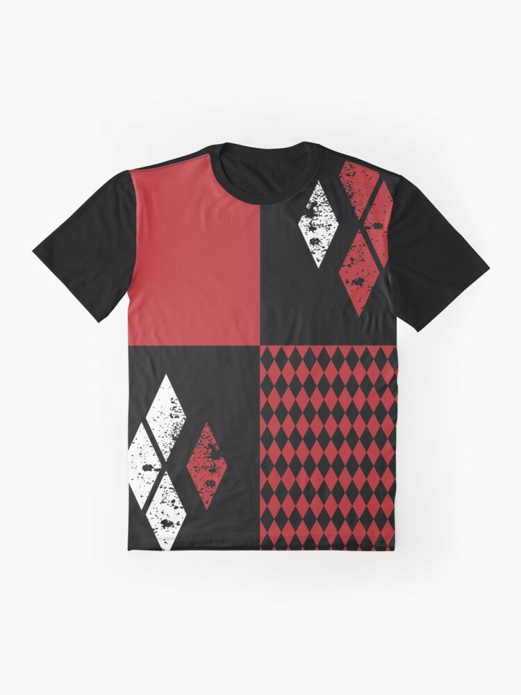 Harley Quinn inspired graphic t-shirt with diamonds design in red, white, and black colors - Flat lay