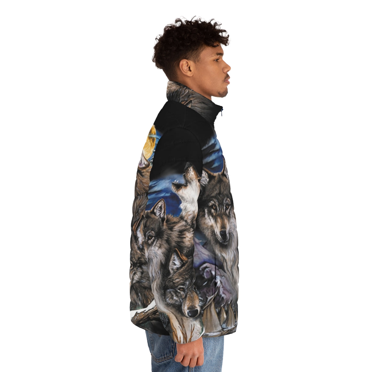 Howling wolves in the moonlight on a puffer jacket for outdoor adventure - men side right