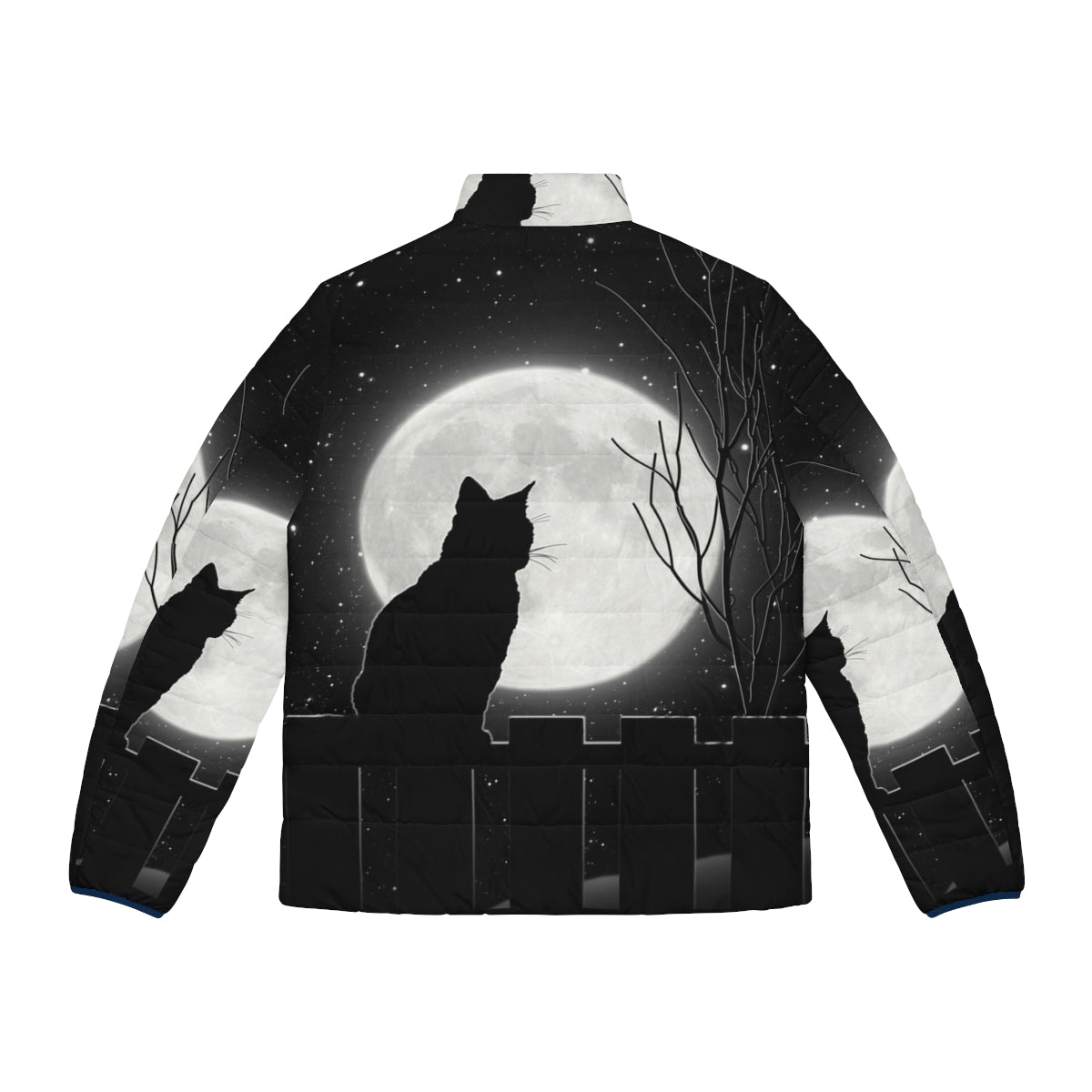 A cat sitting on a fence, gazing at the bright full moon in a starry night sky, wearing a cozy puffer jacket. - Back