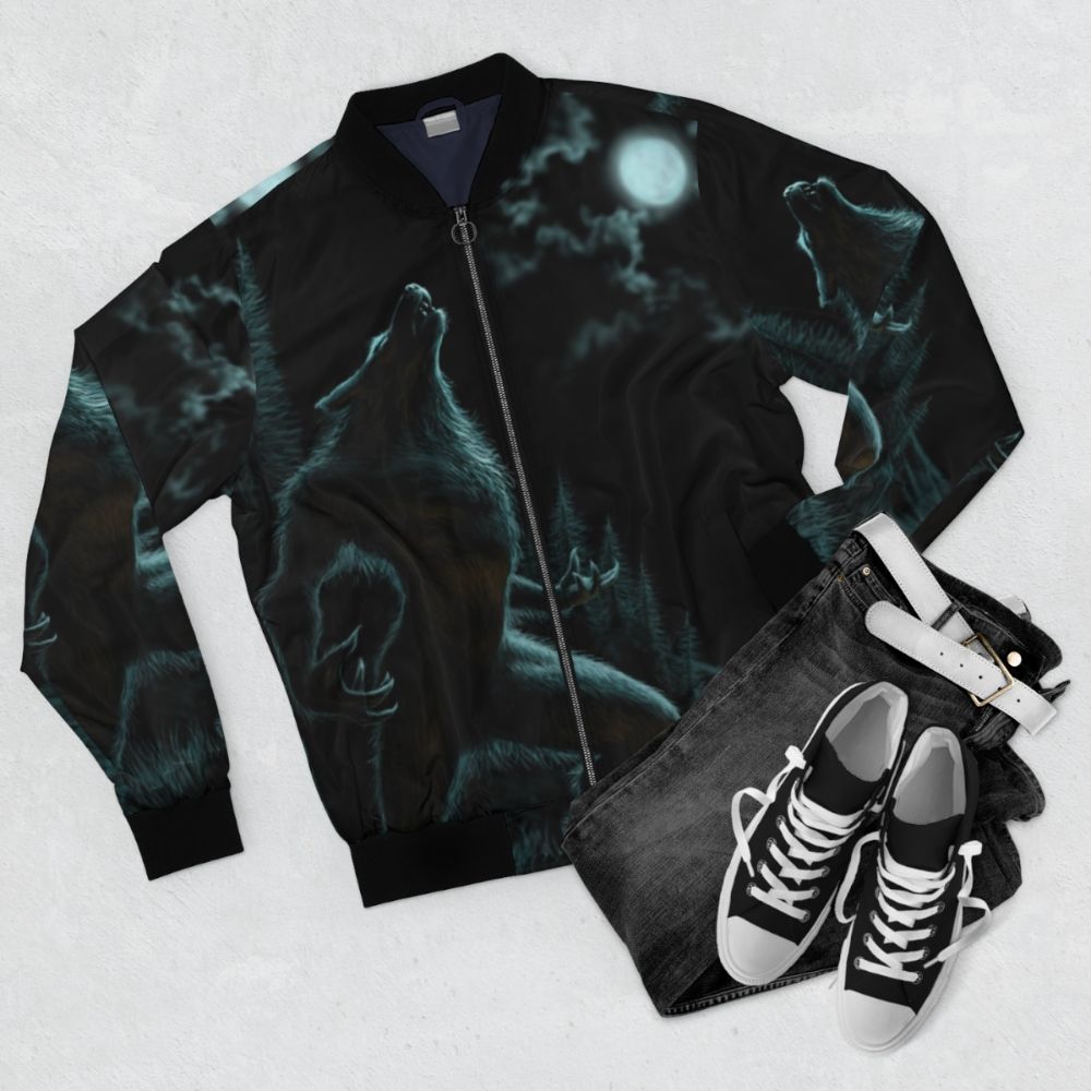 Werewolf-themed bomber jacket with howling wolf design under a full moon - Flat lay