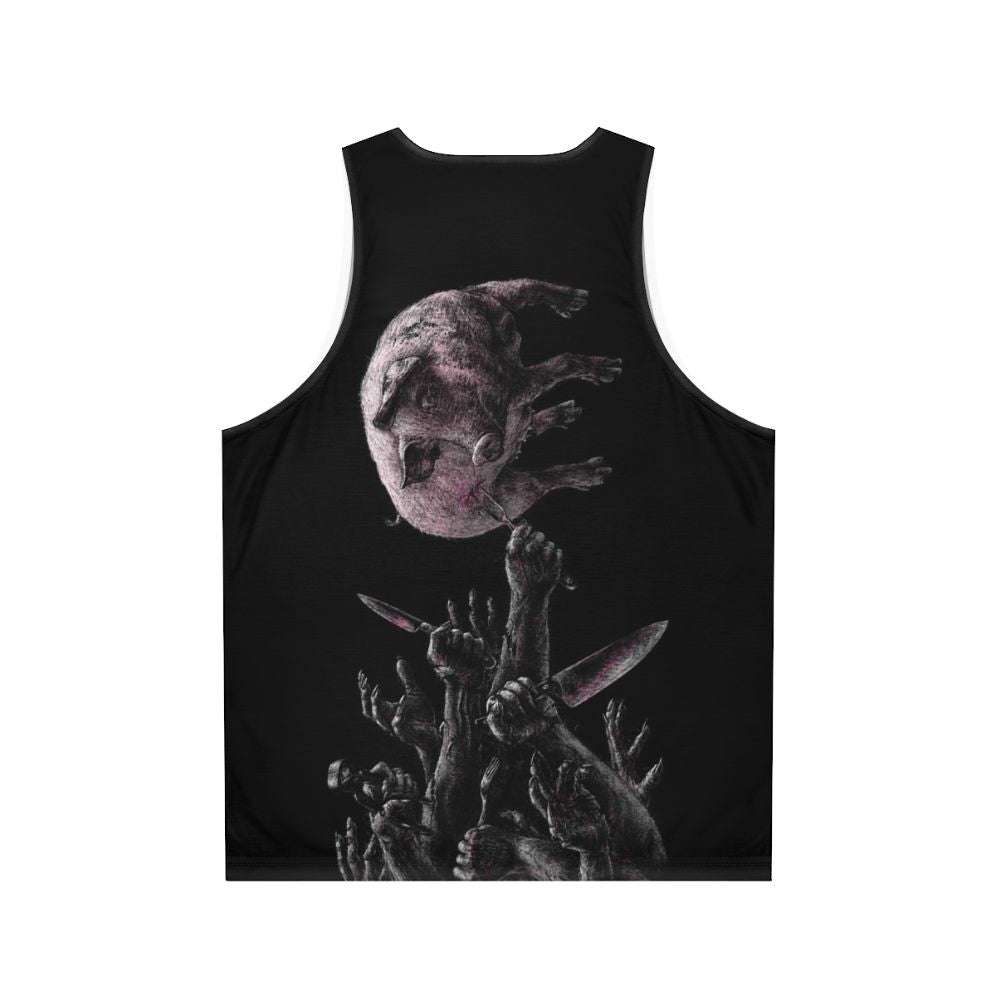 Unisex vegan tank top with pink and red pig skull and cutlery design - Back