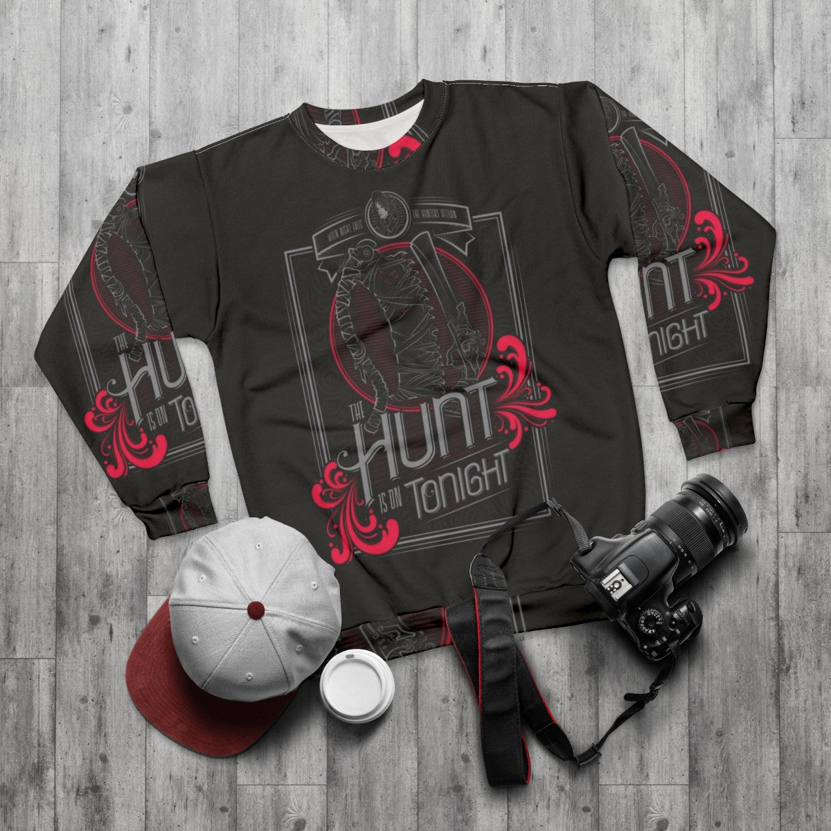 "The Hunt" Sweatshirt featuring gothic horror game-inspired design - flat lay