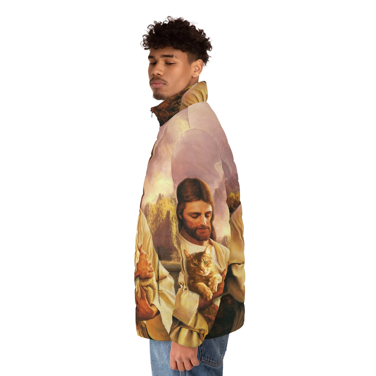 A puffer jacket featuring a cat dressed as Jesus Christ, a humorous religious-themed apparel item. - men side left