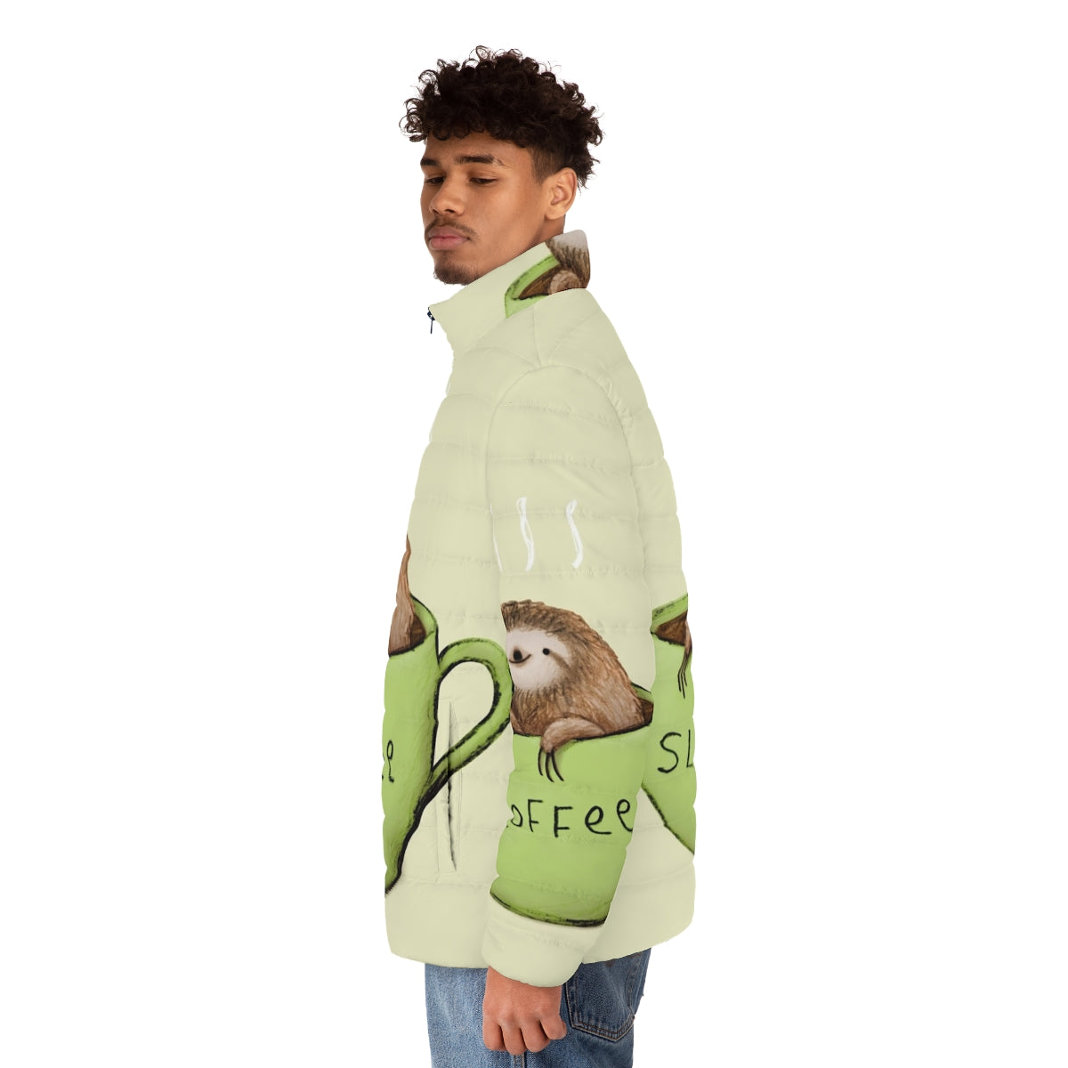 Sloffee Puffer Jacket - A cozy, sloth-themed puffer jacket for the ultimate slowth lover - men side left