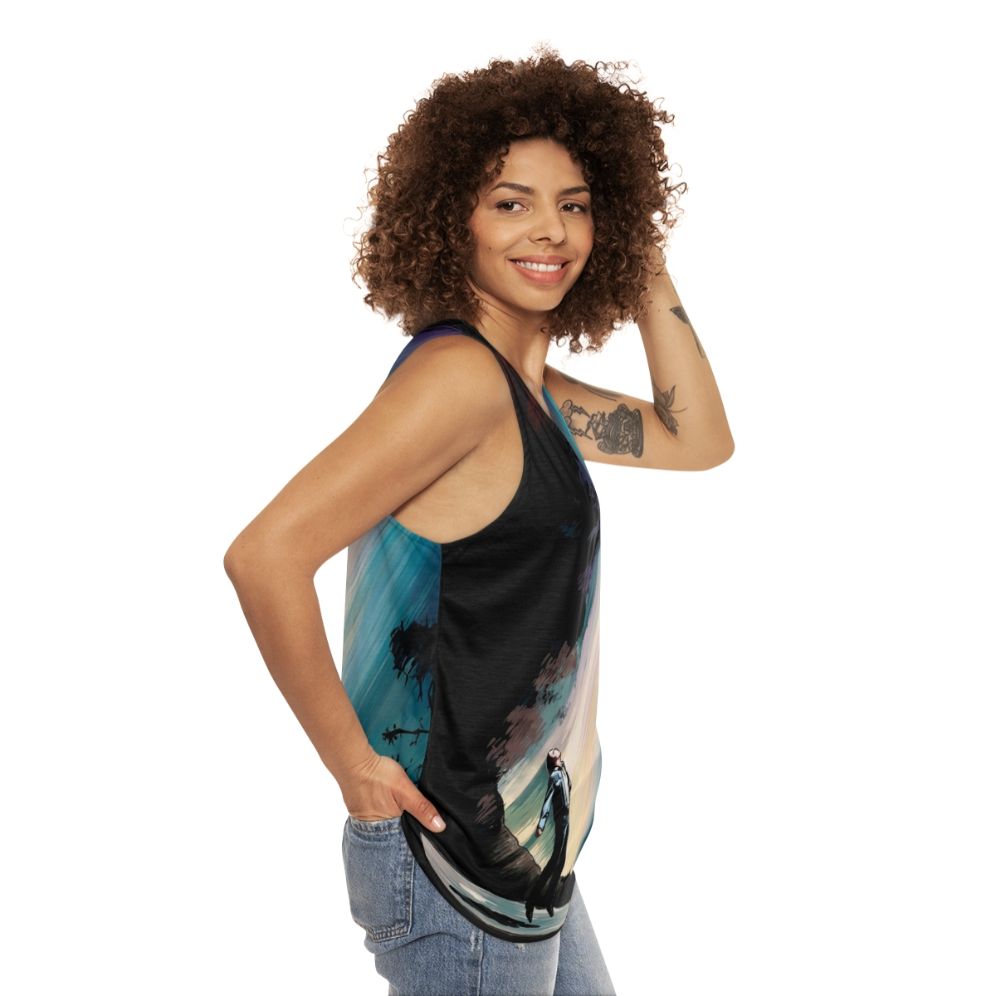 Vibrant sci-fi illustration of a fire in the sky with UFOs on a unisex tank top - women side