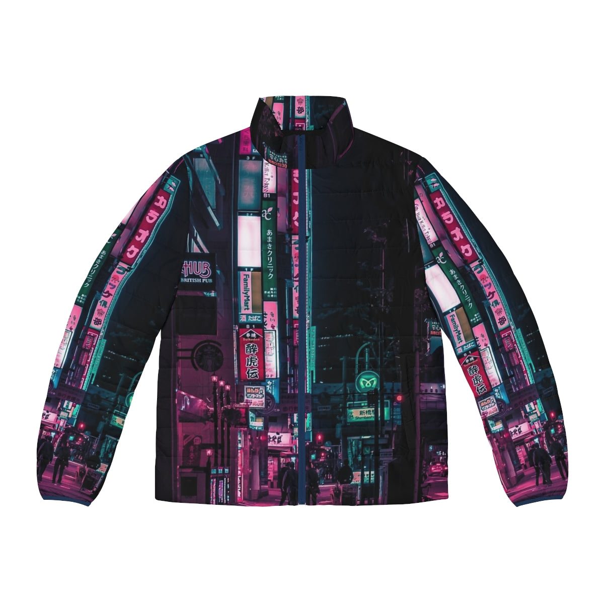 A vibrant puffer jacket with futuristic, cyberpunk-inspired design.