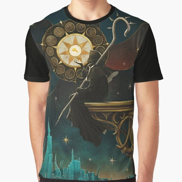 Azem-inspired graphic t-shirt for Final Fantasy XIV fans featuring tarot, zodiac, and magical elements.