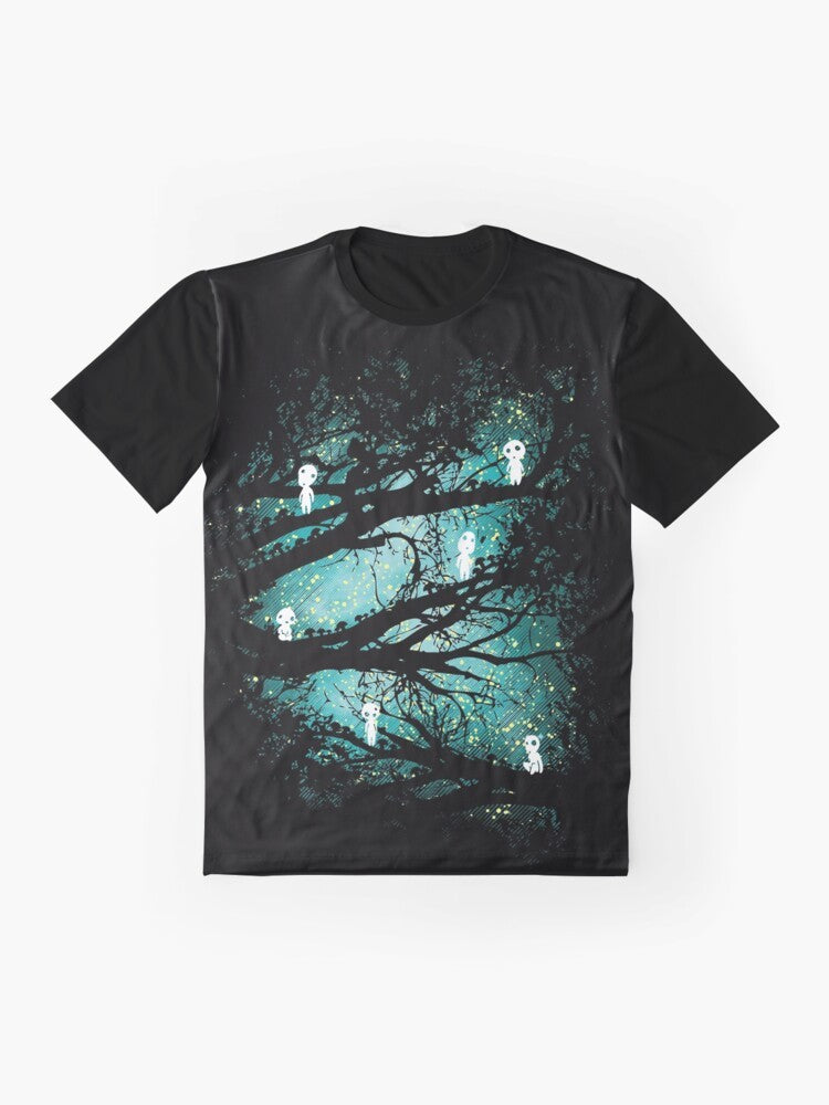 A vintage-inspired graphic t-shirt featuring tree spirits in a fantasy forest scene. - Flat lay