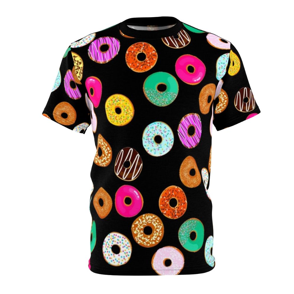 Vibrant, whimsical donut pattern design on a comfortable t-shirt