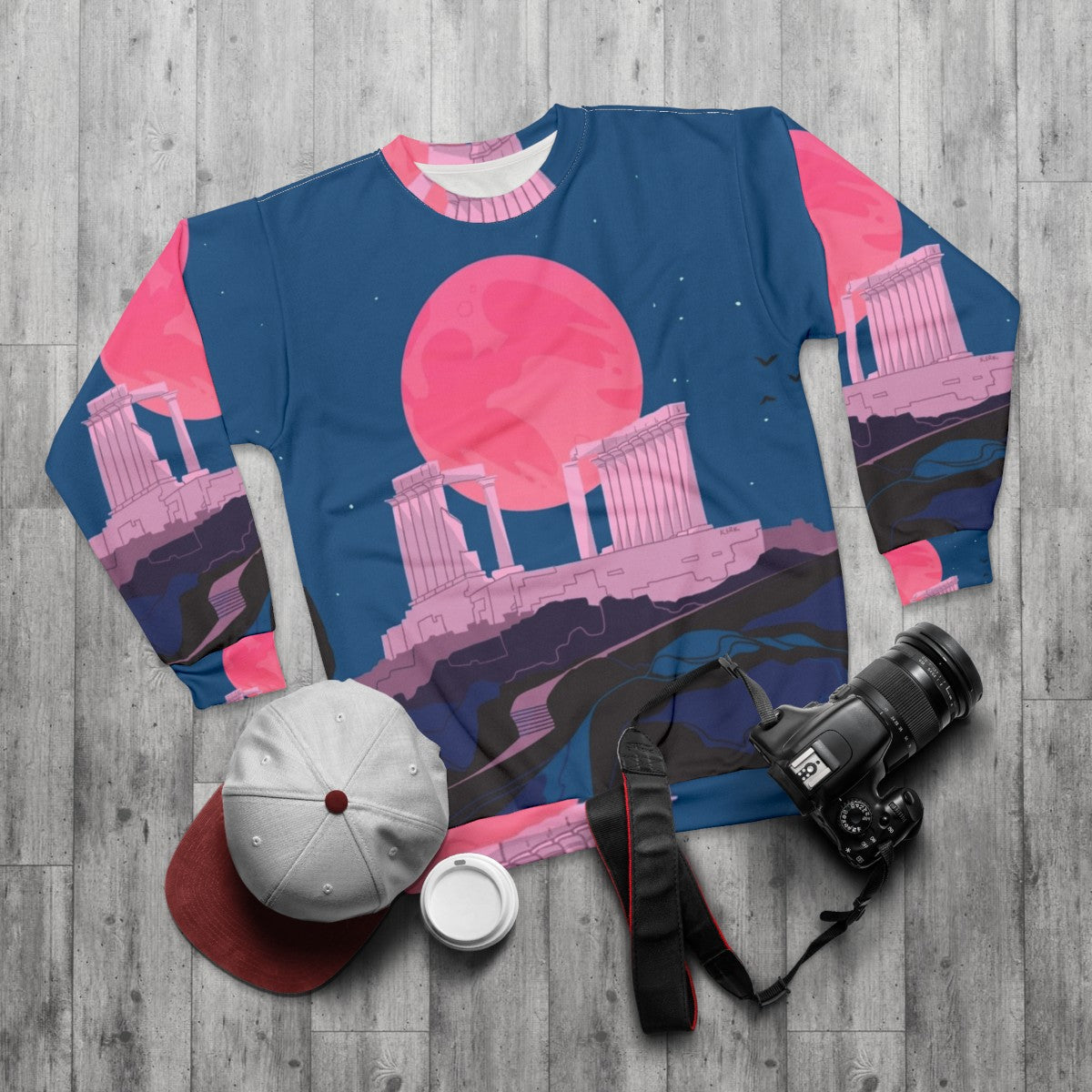 Vaporwave sweatshirt featuring the Temple of Poseidon at Sounion, Greece - flat lay