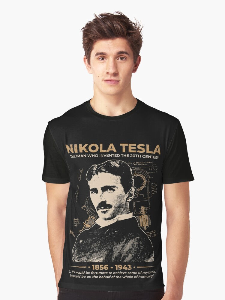 Nikola Tesla graphic t-shirt featuring a stylish pop art design with the inventor's name and a science-inspired quote. - Men