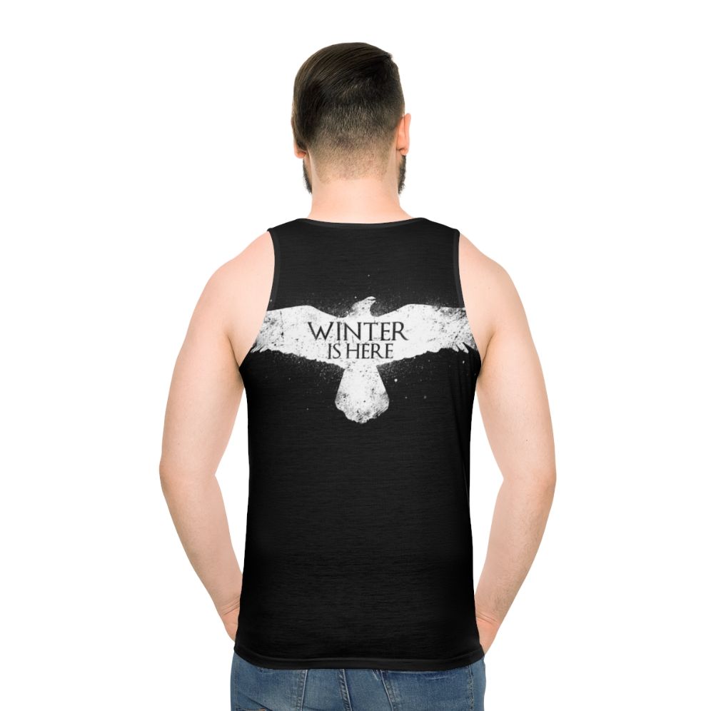 Winter Is Here Unisex Tank Top with White Raven Design - men back