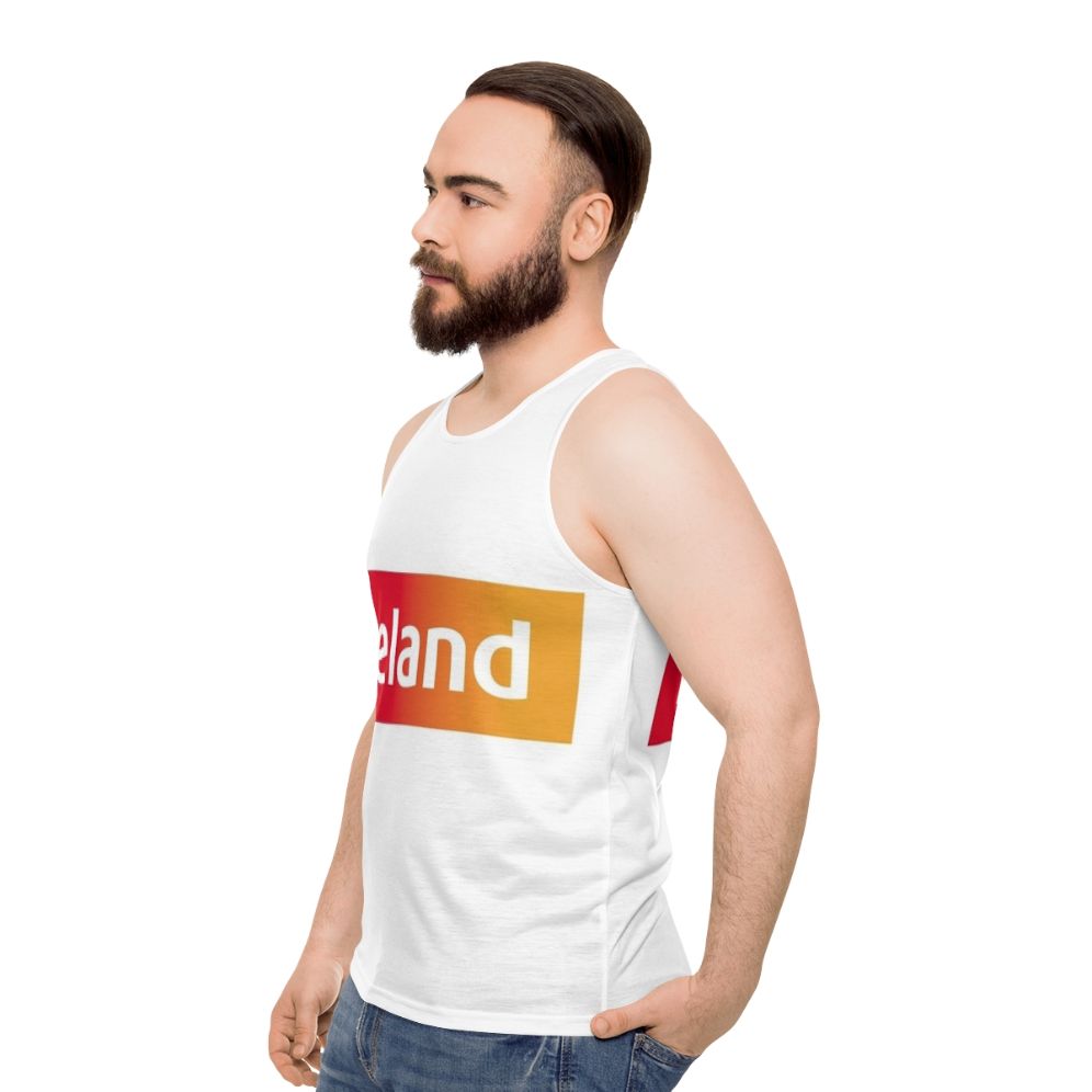 Model wearing Iceland Unisex Tank Top - men side