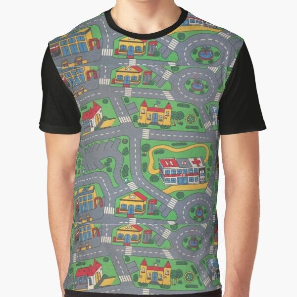 City Roads Map Graphic T-Shirt featuring a detailed street map design for a play rug or mat.