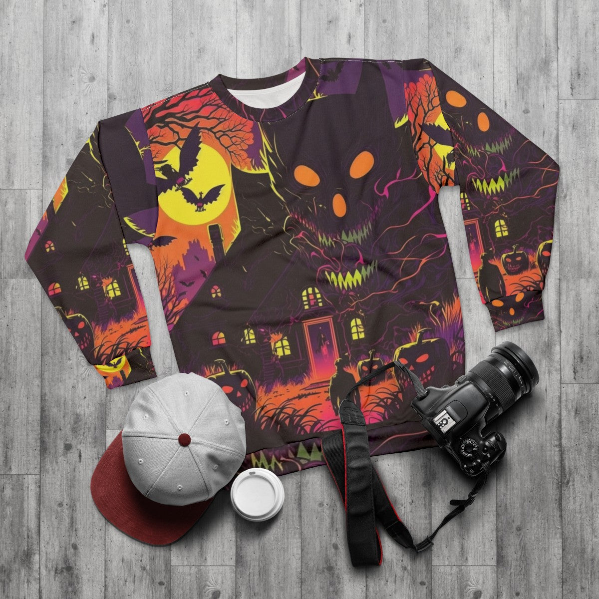 Spooky Halloween Scene V-Neck Sweatshirt - flat lay