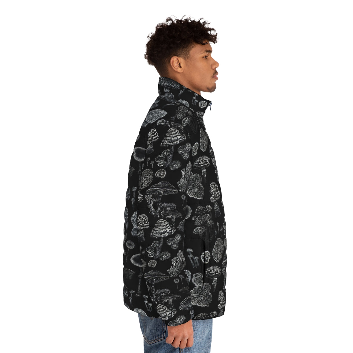 Black puffer jacket with mushroom and botanical motifs, perfect for goth and witchy fashion - men side right