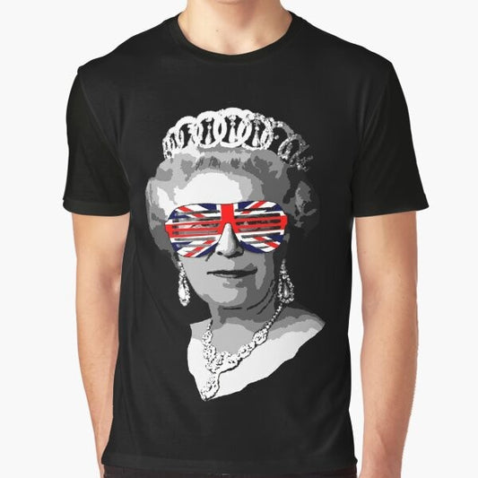 A graphic t-shirt featuring an iconic design of Queen Elizabeth II, the beloved British monarch.