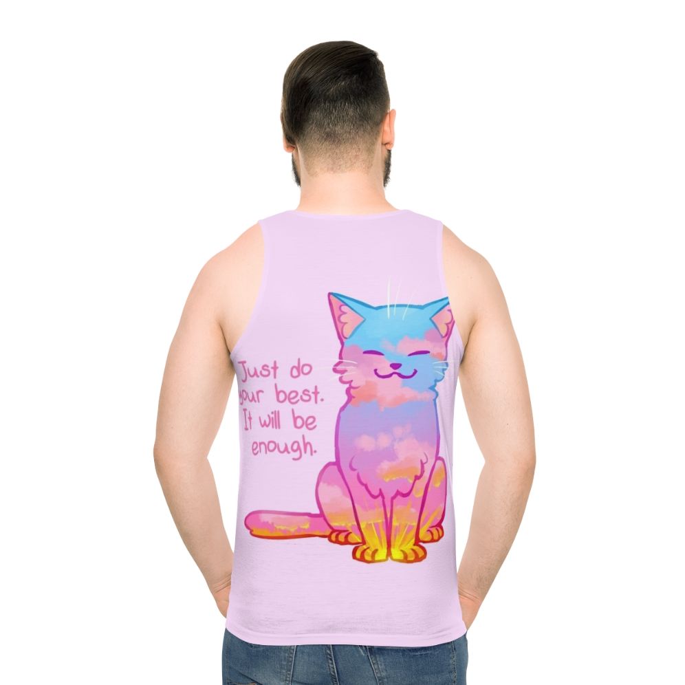 Sunset cat graphic on a unisex tank top with an inspirational affirmation - men back