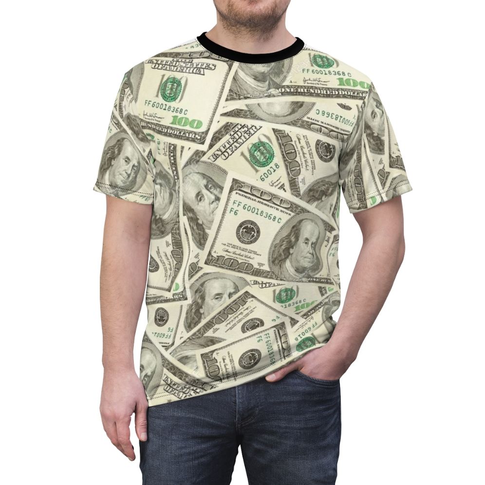 Stylish t-shirt featuring a cool, graphic design of 100 dollar bills. - men front