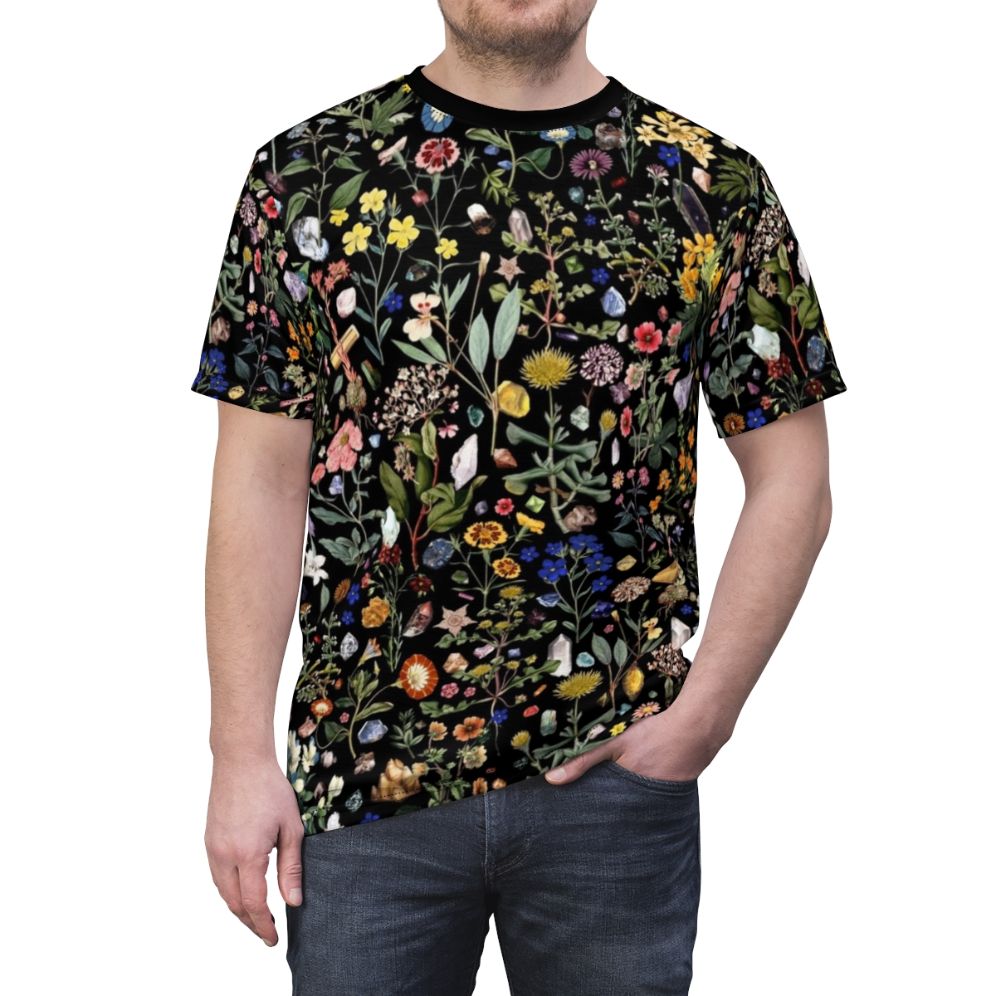 Healing digital art t-shirt featuring a colorful floral and botanical design - men front