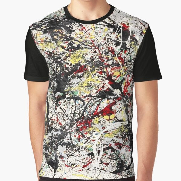 Vibrant abstract art t-shirt featuring the iconic paintings of Jackson Pollock, the renowned abstract expressionist artist.