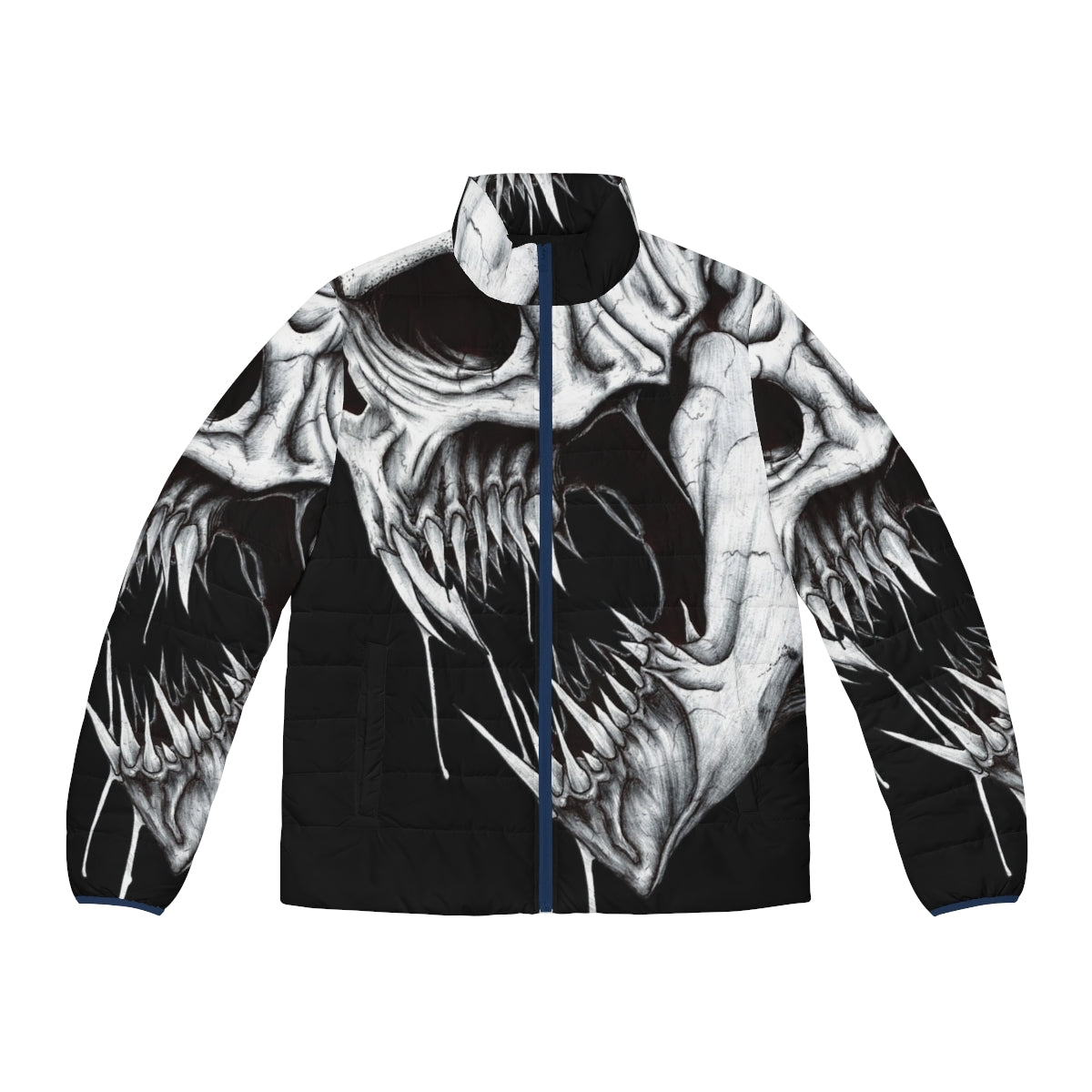 Grim Reaper puffer jacket with skull, teeth, and ominous design