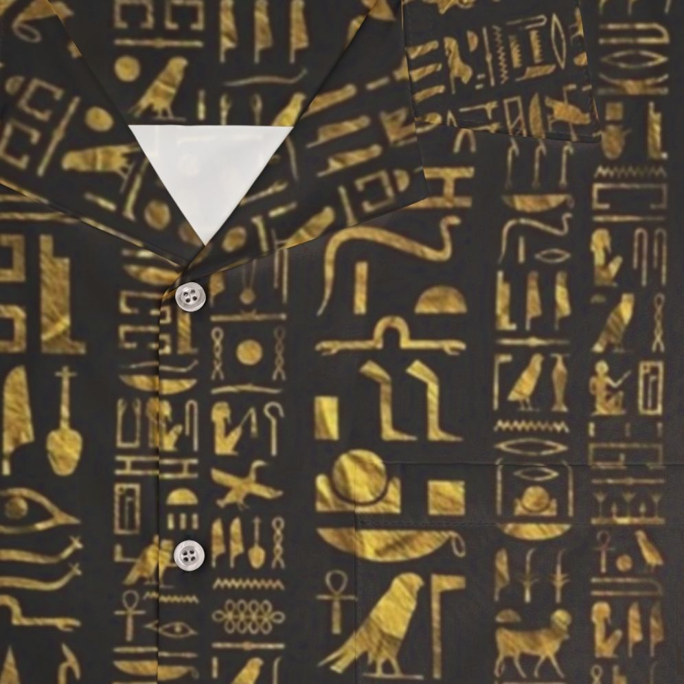 Vintage Egyptian Hieroglyphs Gold on Black Hawaiian Shirt - Detail