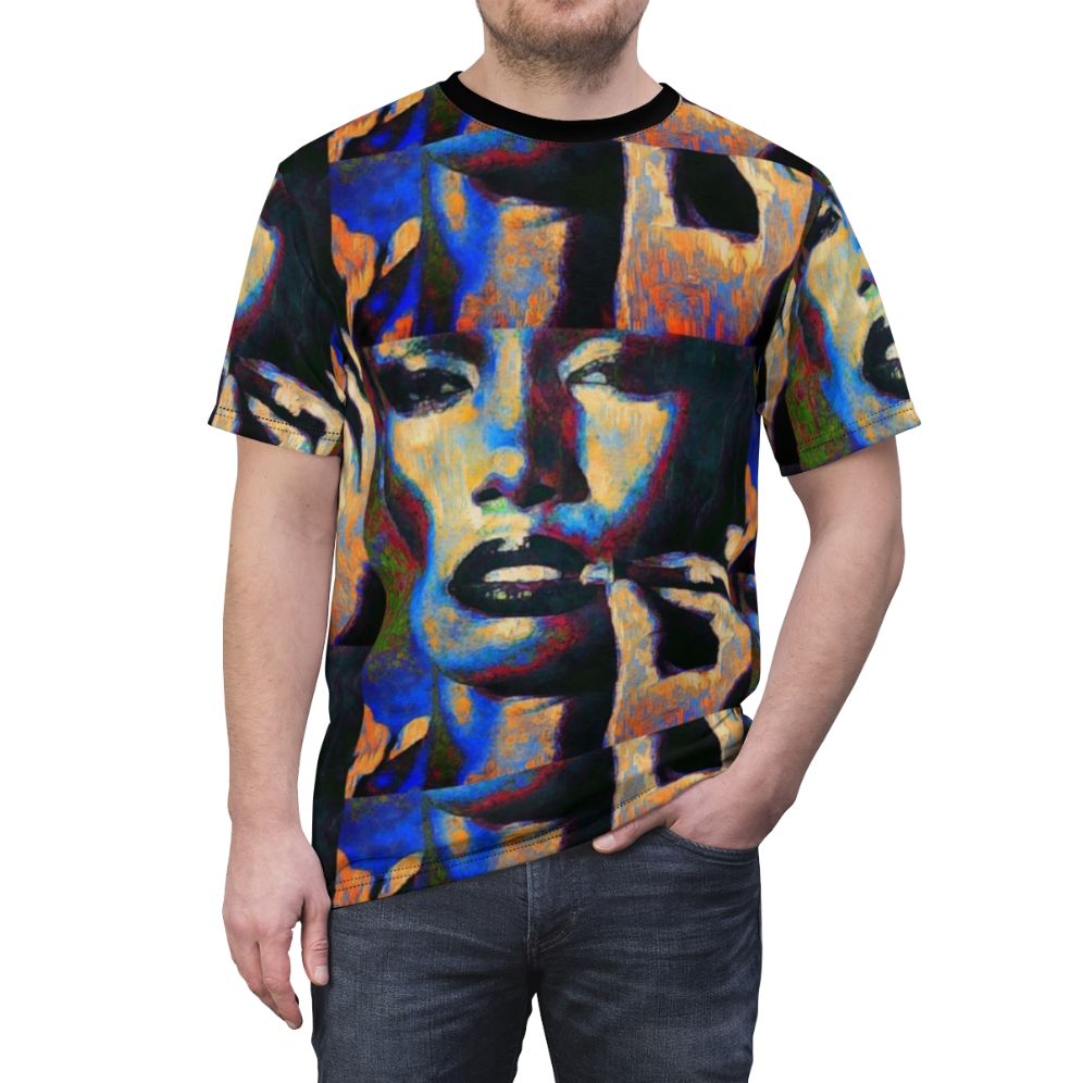 Graphic t-shirt featuring a colorful portrait illustration of music icon Grace Jones - men front