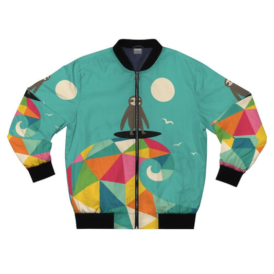 Colorful geometric pattern bomber jacket with a surfing sloth graphic