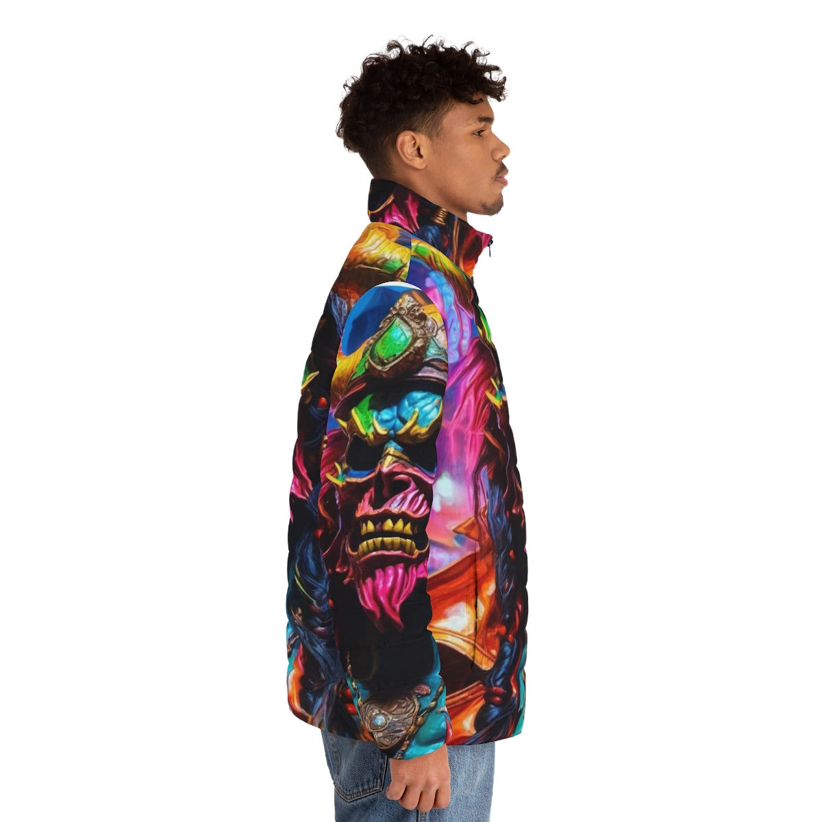 Neon puffer jacket with pirate, demon, and graffiti design - men side right