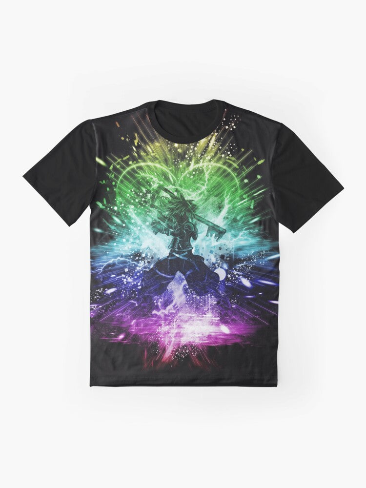 Kingdom Hearts Sora Keyblade Graphic T-Shirt with a colorful rainbow-inspired design - Flat lay