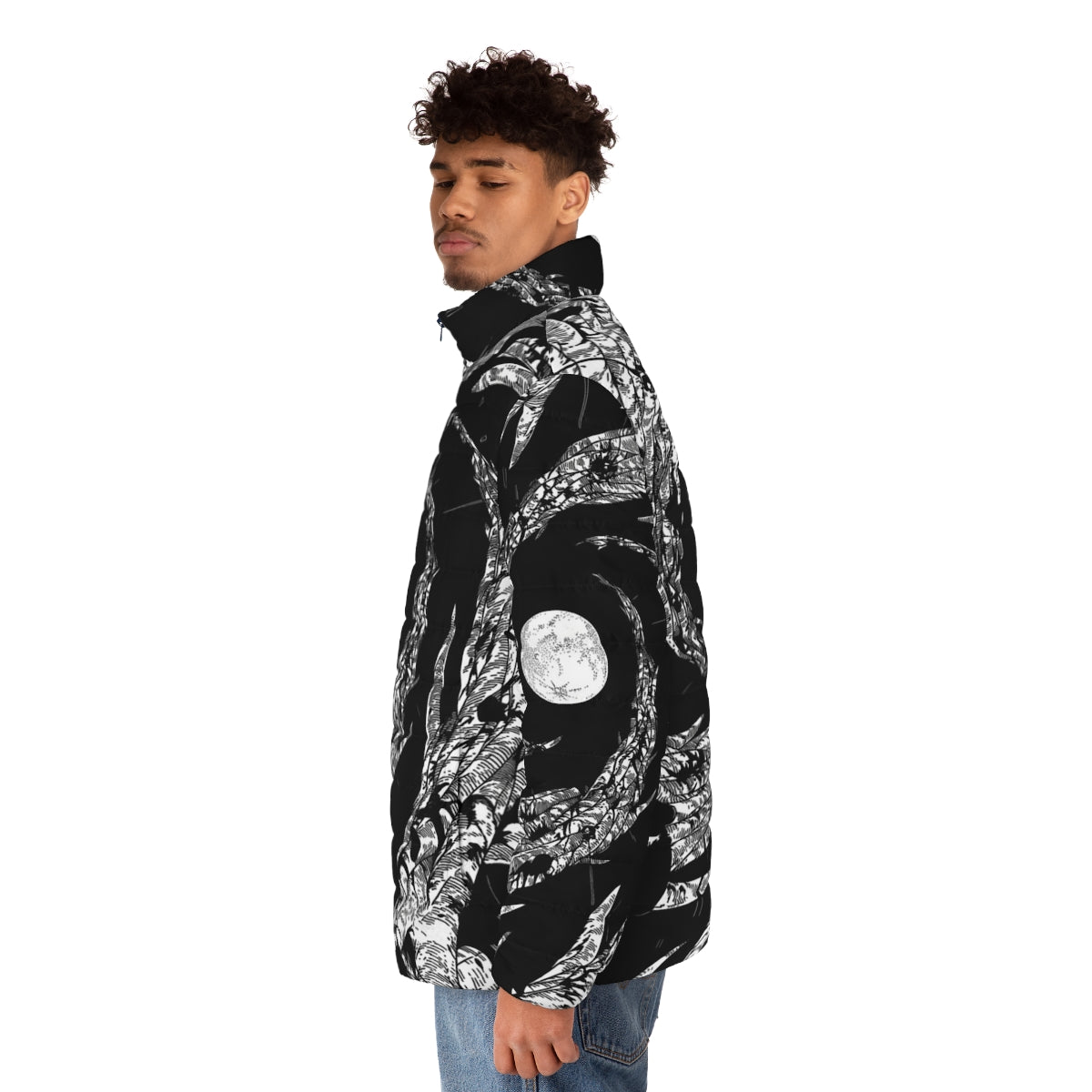 Dark Moon Puffer Jacket with Nature, Anime, and Japanese Inspired Designs - men side left