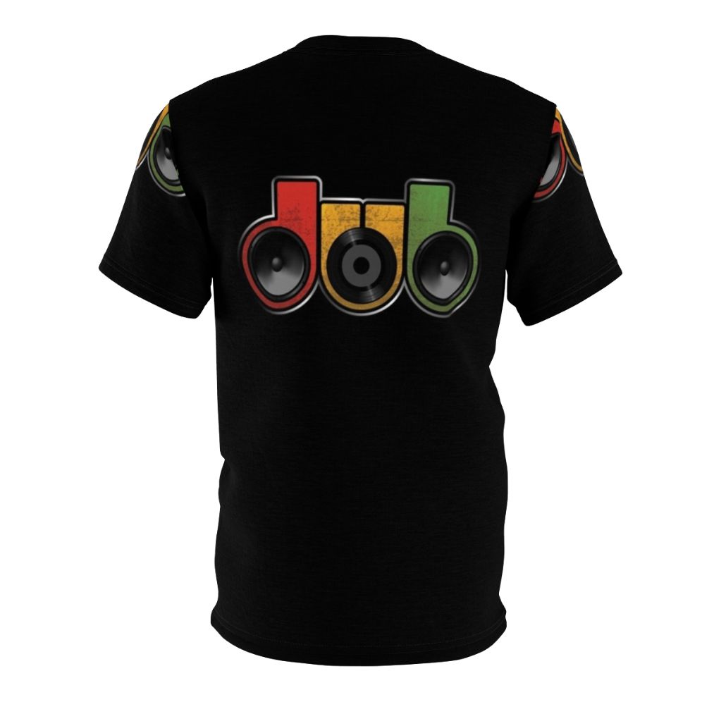 Dub music lover wearing a t-shirt with a vintage vinyl speaker and dub/reggae-inspired design - Back