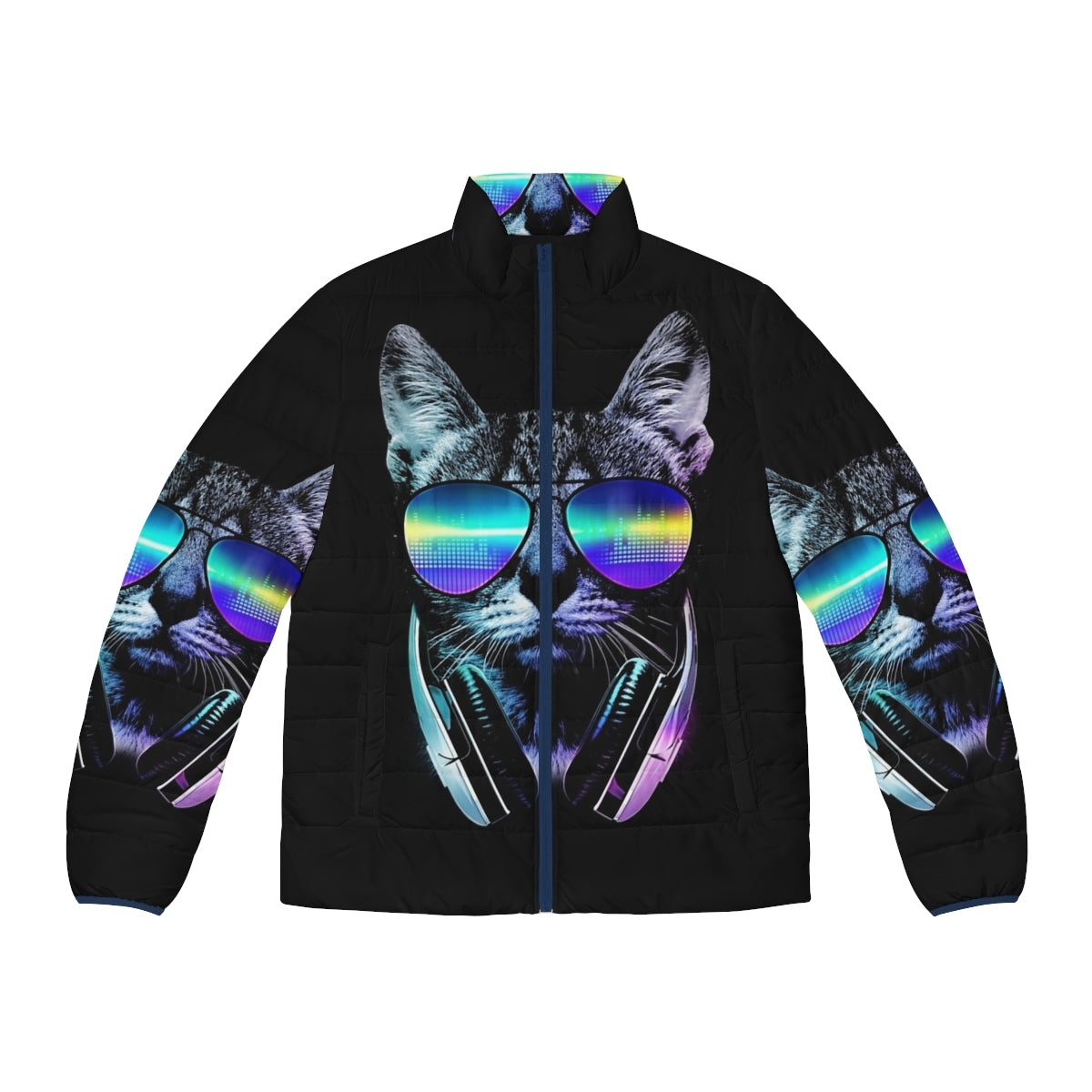 Music Lover Cat Puffer Jacket with Neon Equalizer Graphics and City Skyline